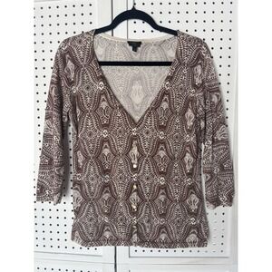 Talbots Cardigan Pima Cotton Sweater Size S Paisley Scroll Print Brown Light‎